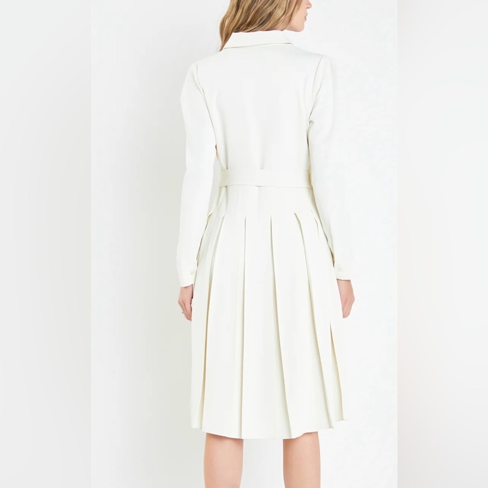 English Factory Pleated Collared Long Sleeve Midi Dress Sz M Cream Quiet Luxury - Picture 12 of 14